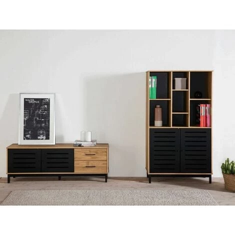 Meubles TV BOBOCHIC - Meuble TV 141 Cm AUSTIN Noir Et Bois Clair - Chêne Et Noir 4 Meubles TV BOBOCHIC - Meuble TV 141 Cm AUSTIN Noir Et Bois Clair - Chêne Et Noir – Image 2