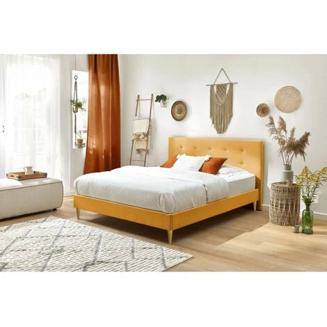 Lit BOBOCHIC - Lit 140x190 Cm RORY Avec Lattes Massives Pieds Bois Naturel 140x190 Jaune Moutarde - Jaune Moutarde 4 Lit BOBOCHIC - Lit 140x190 Cm RORY Avec Lattes Massives Pieds Bois Naturel 140x190 Jaune Moutarde - Jaune Moutarde – Image 2