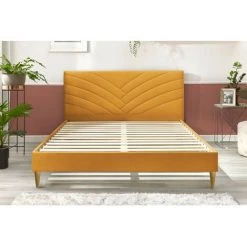 Lit BOBOCHIC - Lit 160x200 Cm VELVET Avec Lattes Massives Pieds En Bois Naturel 160x200 Jaune Moutarde - Jaune Moutarde -BOBOCHIC Soldes 2022 23410393 4