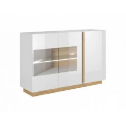 Buffets BOBOCHIC - Buffet 139 Cm Portes Vitrées ARCOMA Blanc Brillant Et Chêne - Blanc