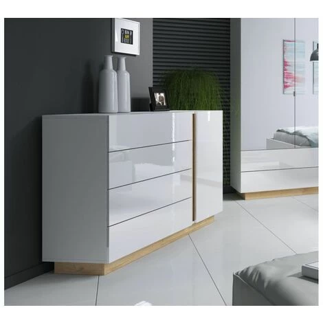 Commodes BOBOCHIC - Commode 4 Tiroirs 1 Porte Blanc Brillant Et Chêne - Blanc 4 Commodes BOBOCHIC - Commode 4 Tiroirs 1 Porte Blanc Brillant Et Chêne - Blanc – Image 2