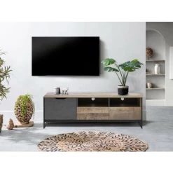 Meubles TV BOBOCHIC - Meuble TV 161 Cm ARDENSIA Chêne Vieilli Et Graphite - Chêne Et Noir -BOBOCHIC Soldes 2022 26660956 2
