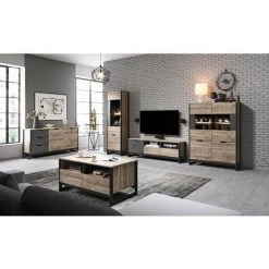 Séjour Complet BOBOCHIC - Séjour Complet ARDENSIA Avec Buffet + Meuble TV + Table Basse + 2 Vitrines Chêne Vieilli Et Graphite - Marron