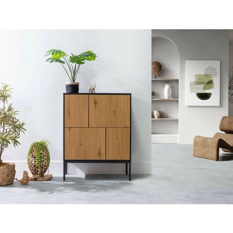 Buffets BOBOCHIC - Buffet 80 Cm 4 Portes RAVEN Imitation Chêne - Chêne Et Noir 4 Buffets BOBOCHIC - Buffet 80 Cm 4 Portes RAVEN Imitation Chêne - Chêne Et Noir – Image 2