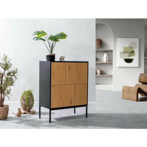 Buffets BOBOCHIC - Buffet 80 Cm 4 Portes RAVEN Imitation Chêne - Chêne Et Noir 5 Buffets BOBOCHIC - Buffet 80 Cm 4 Portes RAVEN Imitation Chêne - Chêne Et Noir – Image 3