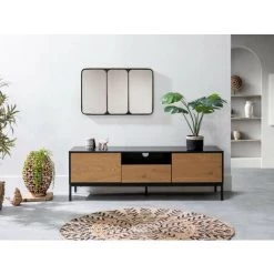 Meubles TV BOBOCHIC - Meuble TV 140 Cm RAVEN Noir Et Imitation Chêne - Chêne Et Noir