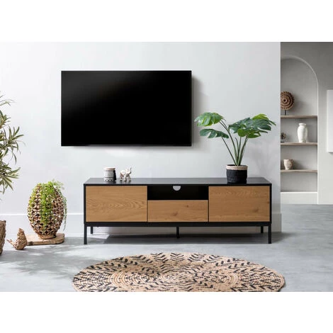 Meubles TV BOBOCHIC - Meuble TV 140 Cm RAVEN Noir Et Imitation Chêne - Chêne Et Noir 4 Meubles TV BOBOCHIC - Meuble TV 140 Cm RAVEN Noir Et Imitation Chêne - Chêne Et Noir – Image 2