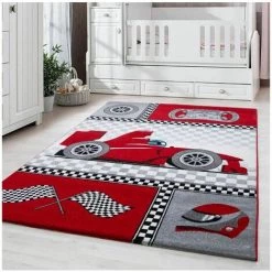 Tapis Enfant BOBOCHIC - Tapis Enfant Shaggy VOITURE Imprimé 120x170 Rouge - Rouge