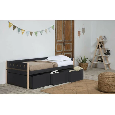 Lit Enfant BOBOCHIC - Lit Avec 3 Grand Tiroirs 90x190 Cm RAFI Pin Massif Et Noir - Noir Et Bois 4 Lit Enfant BOBOCHIC - Lit Avec 3 Grand Tiroirs 90x190 Cm RAFI Pin Massif Et Noir - Noir Et Bois – Image 2
