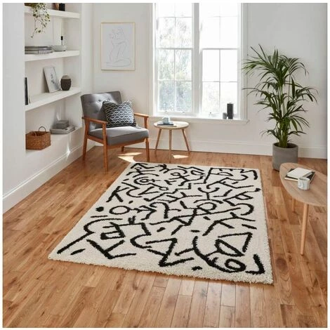 Tapis BOBOCHIC - Tapis Poils Shaggy APPAJ Motif Graphique 120x170 Noir + Blanc - Noir + Blanc 4 Tapis BOBOCHIC - Tapis Poils Shaggy APPAJ Motif Graphique 120x170 Noir + Blanc - Noir + Blanc – Image 2