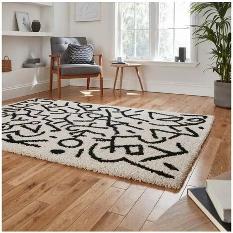 Tapis BOBOCHIC - Tapis Poils Shaggy APPAJ Motif Graphique 120x170 Noir + Blanc - Noir + Blanc 5 Tapis BOBOCHIC - Tapis Poils Shaggy APPAJ Motif Graphique 120x170 Noir + Blanc - Noir + Blanc – Image 3