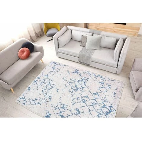 Tapis BOBOCHIC - Tapis Poil Court Rectangulaire HANAE Motif Vintage 80x150 Blanc/Bleu - Blanc/Bleu 4 Tapis BOBOCHIC - Tapis Poil Court Rectangulaire HANAE Motif Vintage 80x150 Blanc/Bleu - Blanc/Bleu – Image 2