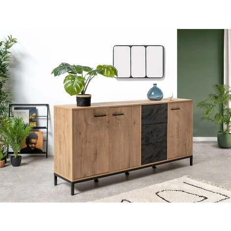 Buffets BOBOCHIC - Buffet 3 Portes 180 Cm ELYSEE Effet Chêne Et Imitation Marbre Noir - Chêne Et Noir 5 Buffets BOBOCHIC - Buffet 3 Portes 180 Cm ELYSEE Effet Chêne Et Imitation Marbre Noir - Chêne Et Noir – Image 3