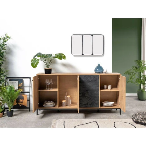 Buffets BOBOCHIC - Buffet 3 Portes 180 Cm ELYSEE Effet Chêne Et Imitation Marbre Noir - Chêne Et Noir 6 Buffets BOBOCHIC - Buffet 3 Portes 180 Cm ELYSEE Effet Chêne Et Imitation Marbre Noir - Chêne Et Noir – Image 4