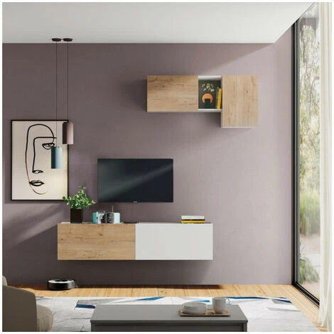 Meubles TV BOBOCHIC - Ensemble Meuble TV Suspendu 180 Cm NOVA Imitation Chêne Et Blanc Avec étagère - Blanc Et Chêne 4 Meubles TV BOBOCHIC - Ensemble Meuble TV Suspendu 180 Cm NOVA Imitation Chêne Et Blanc Avec étagère - Blanc Et Chêne – Image 2