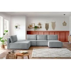 Canapé Modulable BOBOCHIC - Canapé D'angle Fixe 100% Modulable NIHAD Tissu Velours Côtelé 2 Chauffeuses, 1 Pouf Et 2 Méridiennes Gris - Gris