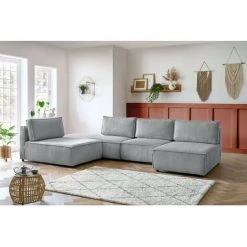 Canapé Modulable BOBOCHIC - Canapé D'angle Fixe 100% Modulable NIHAD Tissu Velours Côtelé 2 Chauffeuses, 1 Pouf Et 2 Méridiennes Gris - Gris -BOBOCHIC Soldes 2022 61036380 3