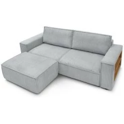 Canapé Droit Convertible BOBOCHIC - Canapé Droit Convertible Coffre Tablette NIHAD Velours Côtelé Avec Pouf Gris Clair - Gris Clair