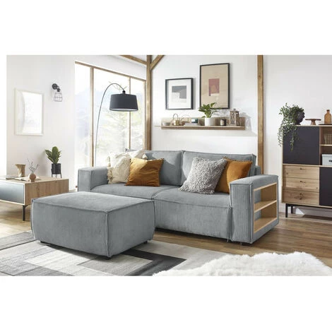 Canapé Droit Convertible BOBOCHIC - Canapé Droit Convertible Coffre Tablette NIHAD Velours Côtelé Avec Pouf Gris Clair - Gris Clair 4 Canapé Droit Convertible BOBOCHIC - Canapé Droit Convertible Coffre Tablette NIHAD Velours Côtelé Avec Pouf Gris Clair - Gris Clair – Image 2