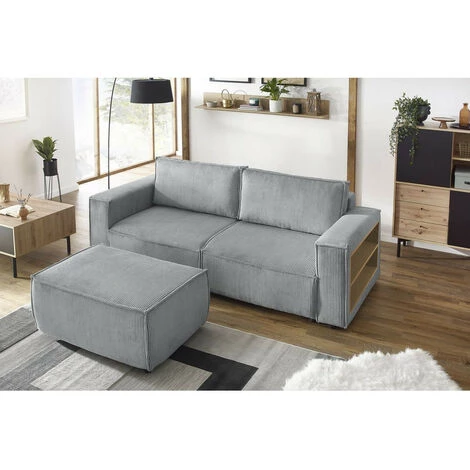 Canapé Droit Convertible BOBOCHIC - Canapé Droit Convertible Coffre Tablette NIHAD Velours Côtelé Avec Pouf Gris Clair - Gris Clair 5 Canapé Droit Convertible BOBOCHIC - Canapé Droit Convertible Coffre Tablette NIHAD Velours Côtelé Avec Pouf Gris Clair - Gris Clair – Image 3