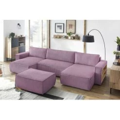 Canapé Panoramique Convertible BOBOCHIC - Canapé Panoramique Convertible Coffre Tablette NIHAD Velours Côtelé Avec Pouf Violet - Violet -BOBOCHIC Soldes 2022 61061039 3