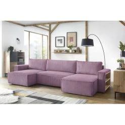 Canapé Panoramique Convertible BOBOCHIC - Canapé Panoramique Convertible Coffre Tablette NIHAD Velours Côtelé Avec Pouf Violet - Violet -BOBOCHIC Soldes 2022 61061039 4