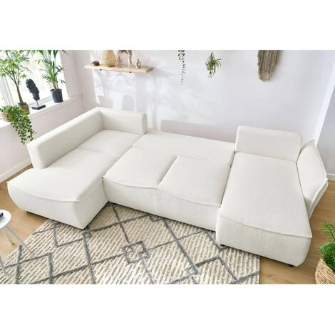 BOBOCHIC Leon - Canapé D'angle Panoramique - Convertible - Avec Coffre - En Tissu Bouclette - 7 Places - Gauche Couleur - Blanc - Blanc 4 BOBOCHIC Leon - Canapé D'angle Panoramique - Convertible - Avec Coffre - En Tissu Bouclette - 7 Places - Gauche Couleur - Blanc - Blanc – Image 2