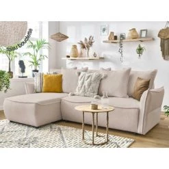 BOBOCHIC Leon - Canapé D'angle Convertible - Avec Coffre - En Tissu Bouclette - 4 Places - Gauche Couleur - Beige - Beige