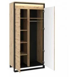 Armoires BOBOCHIC - Armoire 2 Portes 95 Cm KYRIA Avec LED Imitation Chêne - Chêne Et Noir