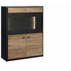 Rangement Vitrine BOBOCHIC - Rangement Vitrine Haute 4 Portes 105 Cm BERLIN Chêne Et Noir - Chêne Et Noir