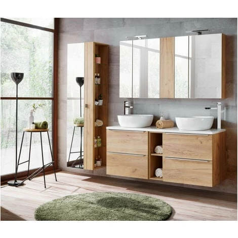BOBOCHIC Ensemble De Salle De Bain 140 Cm CINDY Avec Colonne Et Meuble Pharmacie Chêne - Blanc Et Chêne 3 BOBOCHIC Ensemble De Salle De Bain 140 Cm CINDY Avec Colonne Et Meuble Pharmacie Chêne - Blanc Et Chêne