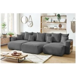Canapé Panoramique Convertible BOBOCHIC - Canapé Panoramique Convertible Coffre Tablette ENVY Tissu Velours Côtelé Avec Pouf Gris - Gris -BOBOCHIC Soldes 2022 61350817 2