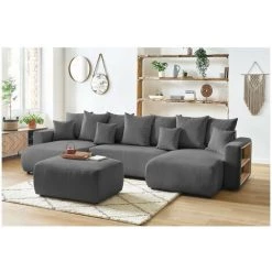 Canapé Panoramique Convertible BOBOCHIC - Canapé Panoramique Convertible Coffre Tablette ENVY Tissu Velours Côtelé Avec Pouf Gris - Gris -BOBOCHIC Soldes 2022 61350817 3