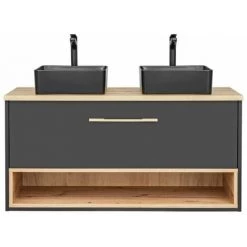 BOBOCHIC Ensemble De Salle De Bain 120 Cm BRUCE Avec Deux Vasques à Poser, Colonne Et Meuble Pharmacie Chêne Et Graphite - Chêne Et Gris Anthracite -BOBOCHIC Soldes 2022 61538443 3