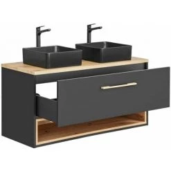 BOBOCHIC Ensemble De Salle De Bain 120 Cm BRUCE Avec Deux Vasques à Poser, Colonne Et Meuble Pharmacie Chêne Et Graphite - Chêne Et Gris Anthracite -BOBOCHIC Soldes 2022 61538443 4