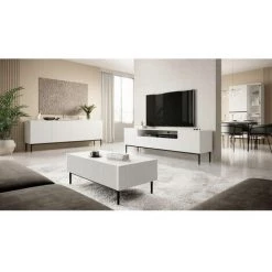 Meubles TV BOBOCHIC - Meuble TV Avec Niche 200 Cm KASHA Pieds Noirs Blanc Mat