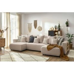 Canapé Panoramique Convertible BOBOCHIC - Canapé Panoramique Convertible Coffre Tablette ENVY Tissu Bouclette Beige - Beige -BOBOCHIC Soldes 2022 62473210 2