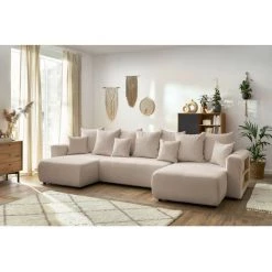 Canapé Panoramique Convertible BOBOCHIC - Canapé Panoramique Convertible Coffre Tablette ENVY Tissu Bouclette Beige - Beige -BOBOCHIC Soldes 2022 62473210 3