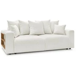 Canapé Droit Convertible BOBOCHIC - Canapé Droit Convertible Coffre Tablette ENVY Tissu Bouclette Avec Pouf Rond Blanc - Blanc