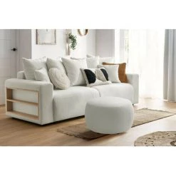 Canapé Droit Convertible BOBOCHIC - Canapé Droit Convertible Coffre Tablette ENVY Tissu Bouclette Avec Pouf Rond Blanc - Blanc -BOBOCHIC Soldes 2022 62480931 3