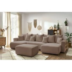 Canapé Panoramique Convertible BOBOCHIC - Canapé Panoramique Convertible Coffre Tablette ENVY Tissu Bouclette Avec Pouf Rectangulaire Marron - Marron -BOBOCHIC Soldes 2022 62612594 2