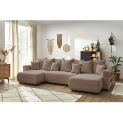 Canapé Panoramique Convertible BOBOCHIC - Canapé Panoramique Convertible Coffre Tablette ENVY Tissu Bouclette Avec Pouf Rectangulaire Marron - Marron -BOBOCHIC Soldes 2022 62612594 3