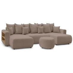 Canapé Panoramique Convertible BOBOCHIC - Canapé Panoramique Convertible Coffre Tablette ENVY Tissu Bouclette Avec Pouf Rond Marron - Marron