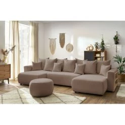 Canapé Panoramique Convertible BOBOCHIC - Canapé Panoramique Convertible Coffre Tablette ENVY Tissu Bouclette Avec Pouf Rond Marron - Marron -BOBOCHIC Soldes 2022 62614228 3