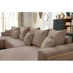 Canapé Panoramique Convertible BOBOCHIC - Canapé Panoramique Convertible Coffre Tablette ENVY Tissu Bouclette Avec Pouf Rond Marron - Marron -BOBOCHIC Soldes 2022 62614228 5