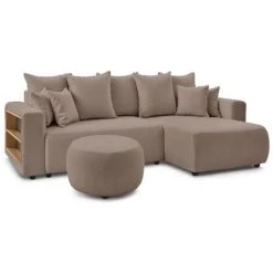 Canapés D'angle Convertibles BOBOCHIC - Canapé D'angle Convertible Réversible Coffre Tablette ENVY Tissu Bouclette Avec Pouf Rond Marron - Marron