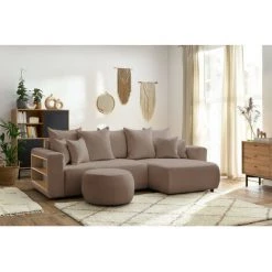 Canapés D'angle Convertibles BOBOCHIC - Canapé D'angle Convertible Réversible Coffre Tablette ENVY Tissu Bouclette Avec Pouf Rond Marron - Marron -BOBOCHIC Soldes 2022 62618233 3