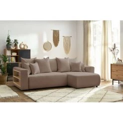 Canapés D'angle Convertibles BOBOCHIC - Canapé D'angle Convertible Réversible Coffre Tablette ENVY Tissu Bouclette Avec Pouf Rond Marron - Marron -BOBOCHIC Soldes 2022 62618233 4