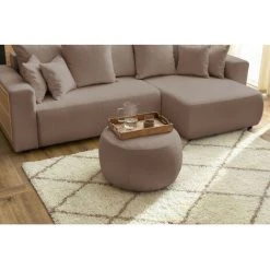Canapés D'angle Convertibles BOBOCHIC - Canapé D'angle Convertible Réversible Coffre Tablette ENVY Tissu Bouclette Avec Pouf Rond Marron - Marron -BOBOCHIC Soldes 2022 62618233 5