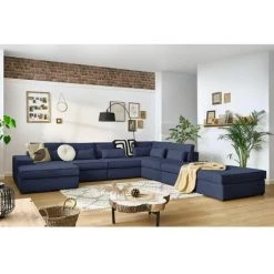 Canapé Modulable BOBOCHIC - Canapé Panoramique Fixe Modulable SARAH Tissu Avec 3 Chauffeuses, 2 Poufs, Une Méridienne Et Un Angle Angle Gauche Bleu Marine - Bleu Marine -BOBOCHIC Soldes 2022 62633401 2